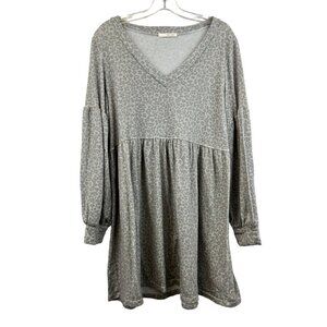 Dear Apple Womens V-Neck A-Line Gray/Beige Leopard Print Dress Cuff Sleeve M